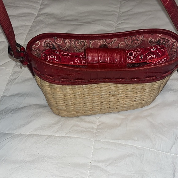 Brighton straw bag with red bandanna print interior red leather strap EUC - Picture 3 of 5
